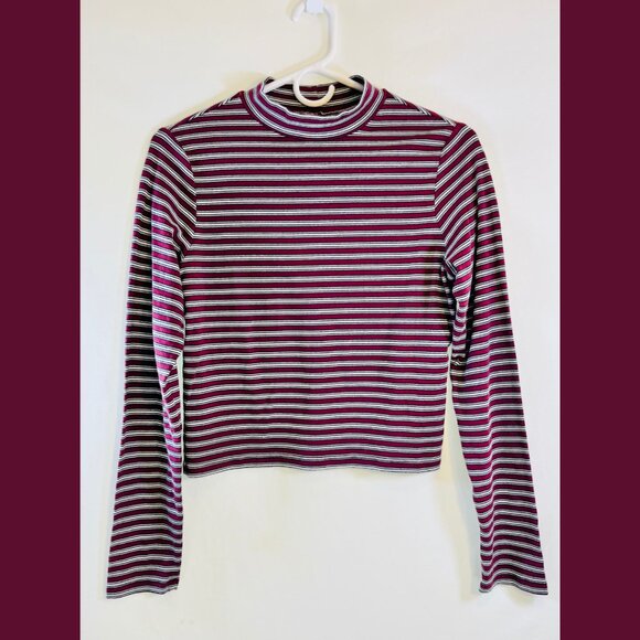 Levi's Burgundy + White Striped Mock Turtleneck Long Sleeve Top - Size M - Picture 1 of 7